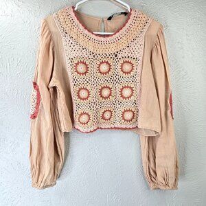 Zara Crochet Crop Top S Light Pink Linen Boho Cottage Hippie Long Sleeve Shirt